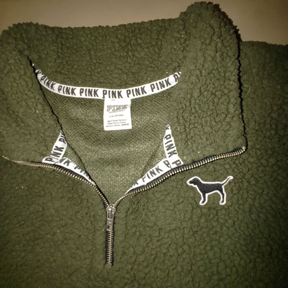 Victorias Secret PINK Olive Green Sherpa Pullover Sweatshirt Warn Cozy Large GUC